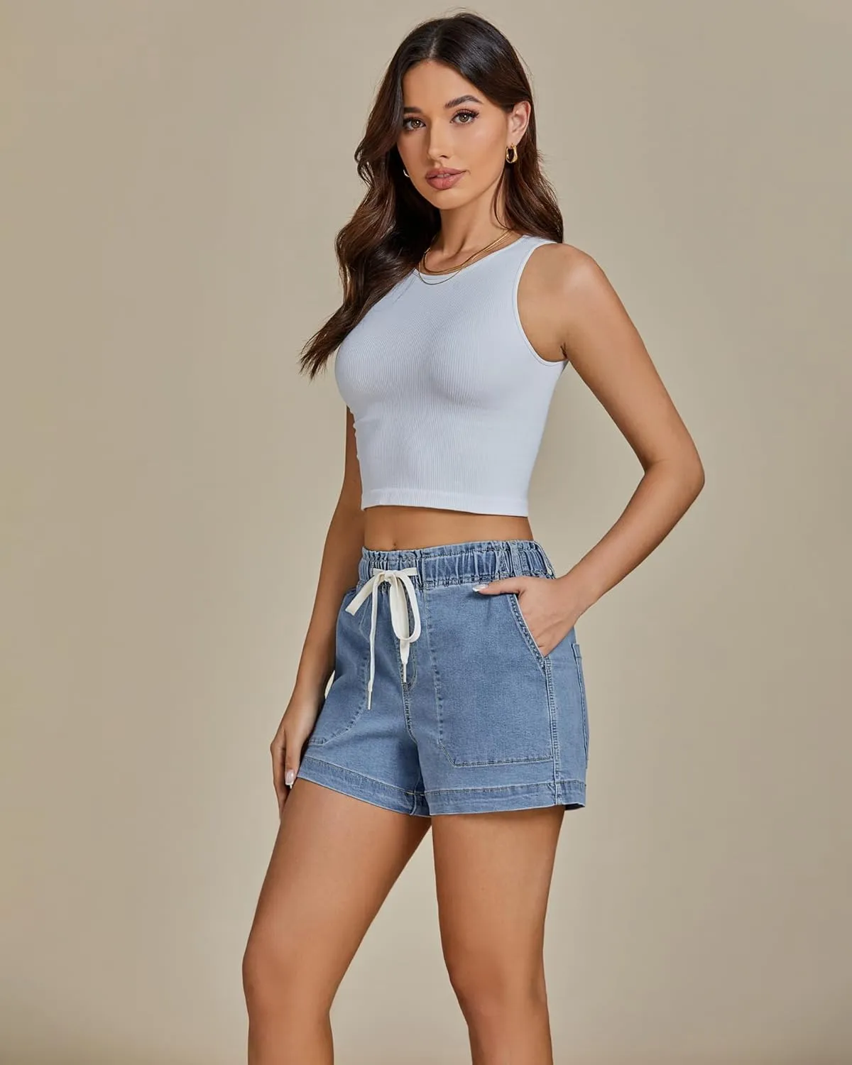 luvamia Jean Shorts for Women High Waisted Pull On Drawstring Elastic Waist Trendy Stretchy Denim Jorts Summer Shorts