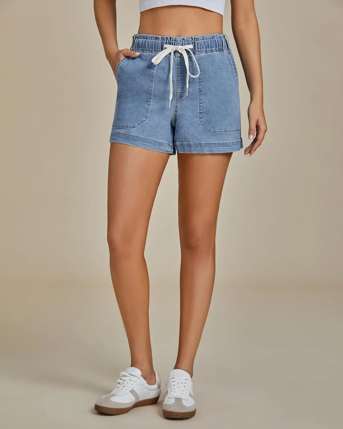 luvamia Jean Shorts for Women High Waisted Pull On Drawstring Elastic Waist Trendy Stretchy Denim Jorts Summer Shorts