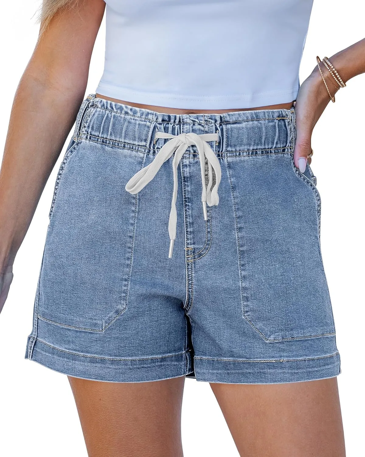 luvamia Jean Shorts for Women High Waisted Pull On Drawstring Elastic Waist Trendy Stretchy Denim Jorts Summer Shorts