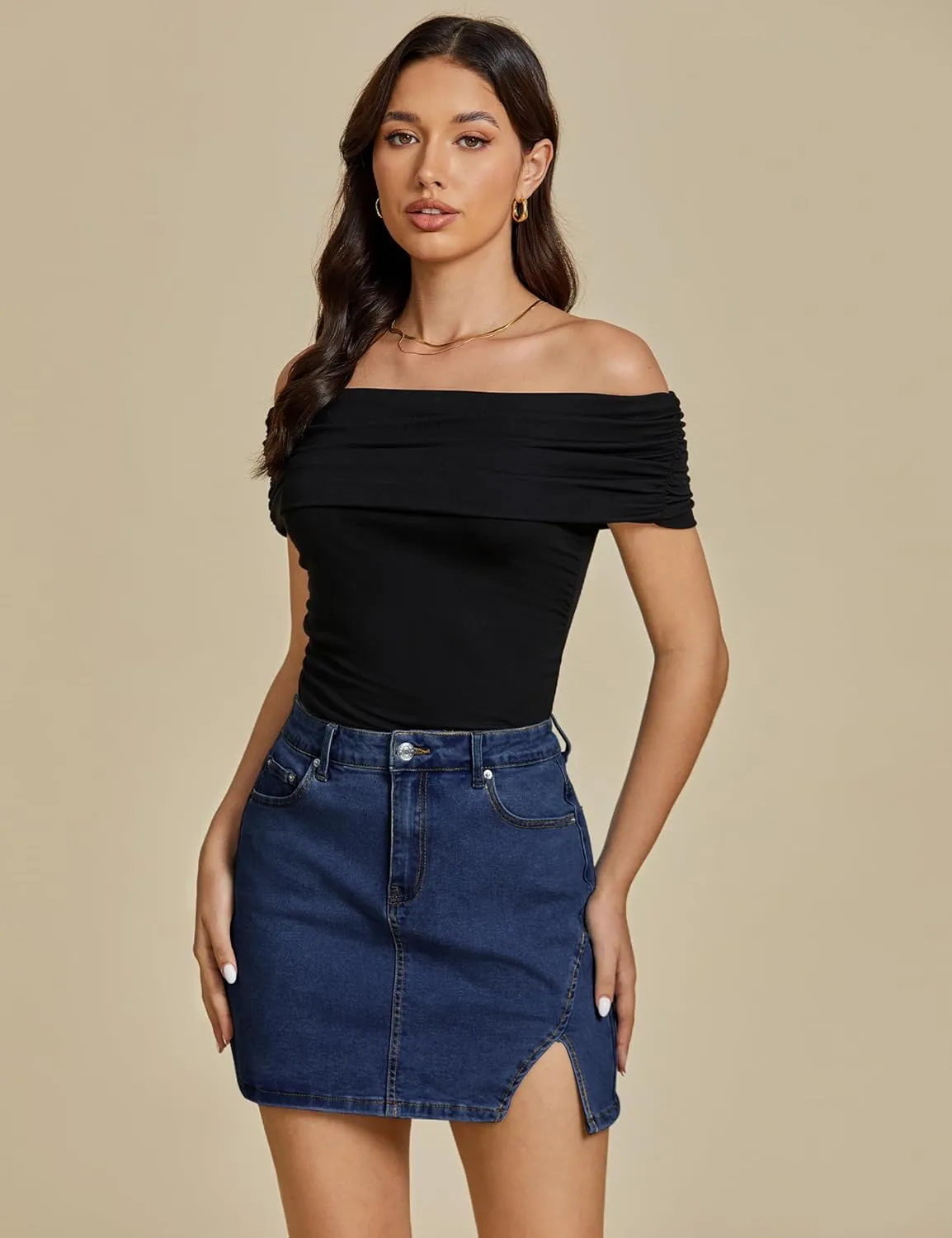 luvamia Jean Skirts for Women Denim High Waisted Stretchy Denim Skirt with Slit Trendy Casual Slim Fit Short Skirts