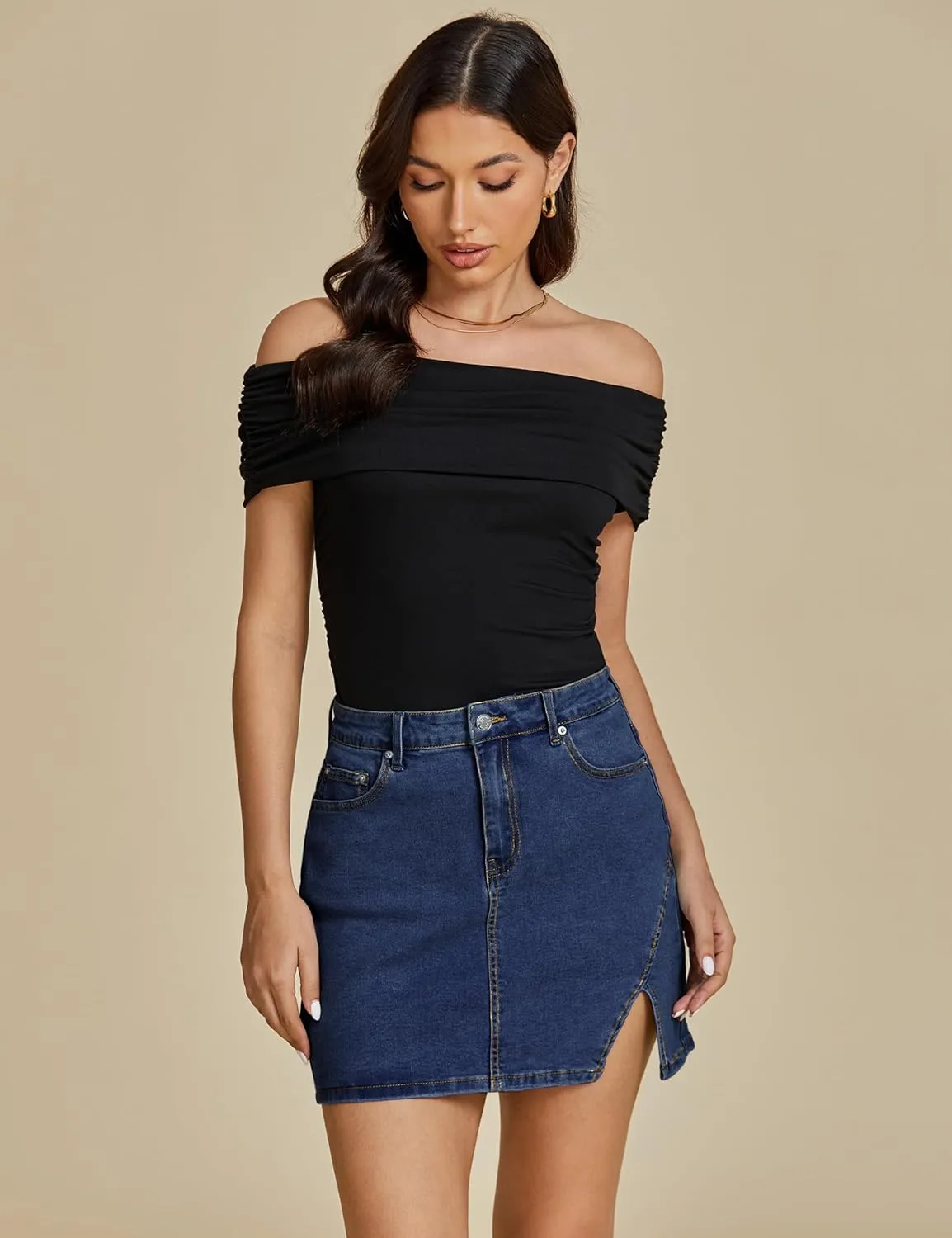 luvamia Jean Skirts for Women Denim High Waisted Stretchy Denim Skirt with Slit Trendy Casual Slim Fit Short Skirts