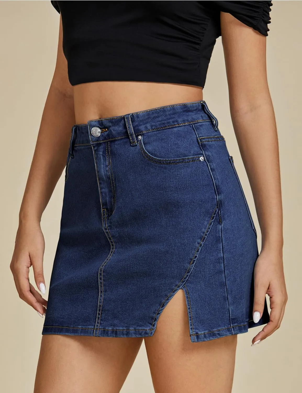 luvamia Jean Skirts for Women Denim High Waisted Stretchy Denim Skirt with Slit Trendy Casual Slim Fit Short Skirts