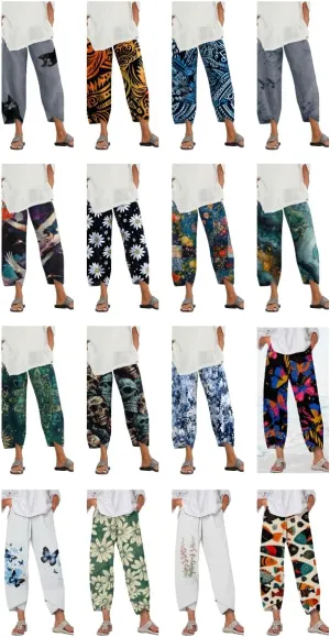 MARSVOVO Purple Floral Capri Pants - Women's Plus Size Bohemian Trendy Dressy Casual High Rise Straight Leg Palazzo Pants