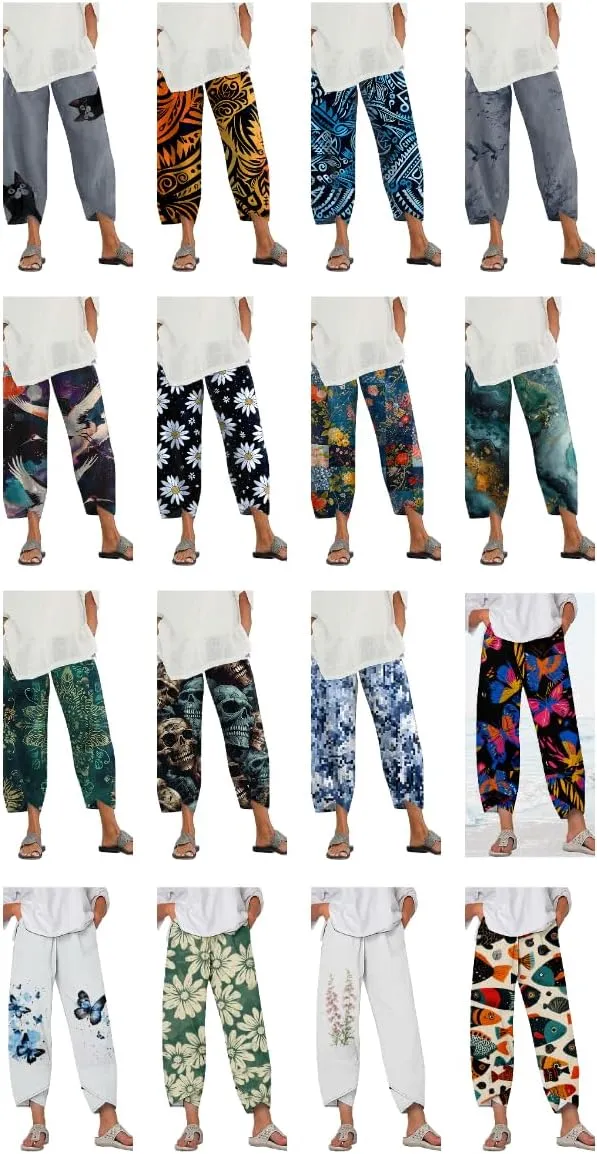MARSVOVO Purple Floral Capri Pants - Women's Plus Size Bohemian Trendy Dressy Casual High Rise Straight Leg Palazzo Pants