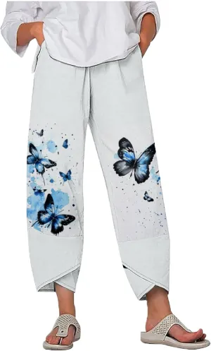 MARSVOVO Purple Floral Capri Pants - Women's Plus Size Bohemian Trendy Dressy Casual High Rise Straight Leg Palazzo Pants