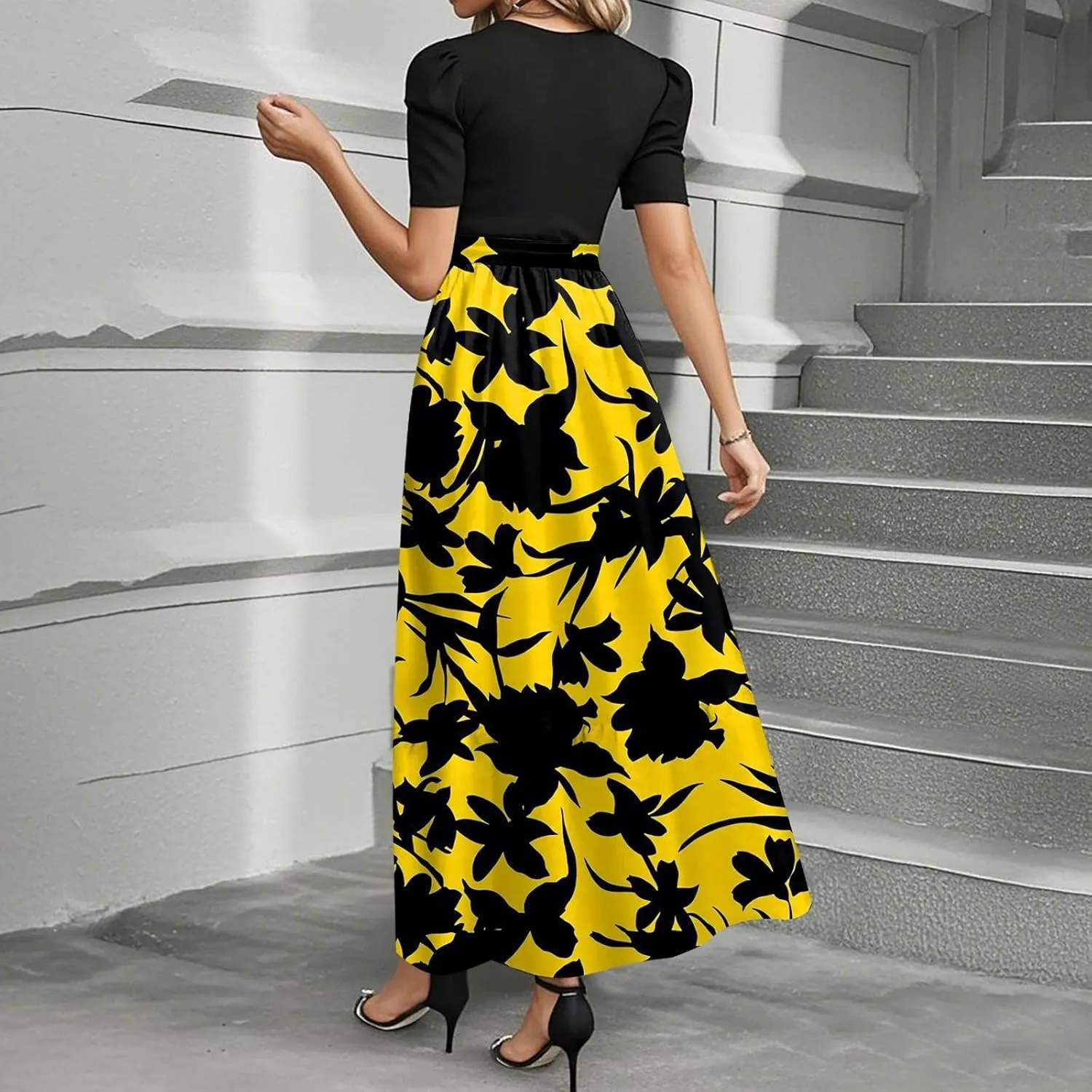 Maxi Dresses for Women 2025- Floral Print Wrap Short Sleeve Long Dresses Patchwork Ruffle Hem A Line Swing Dress
