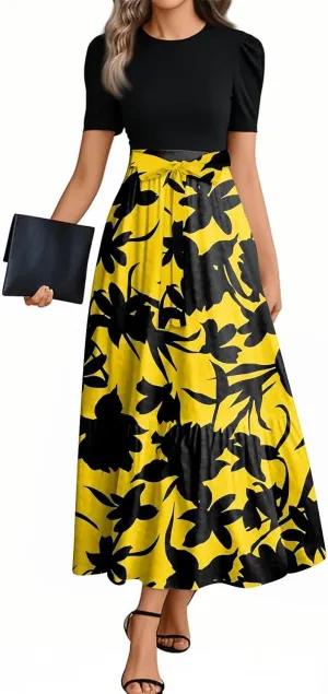 Maxi Dresses for Women 2025- Floral Print Wrap Short Sleeve Long Dresses Patchwork Ruffle Hem A Line Swing Dress