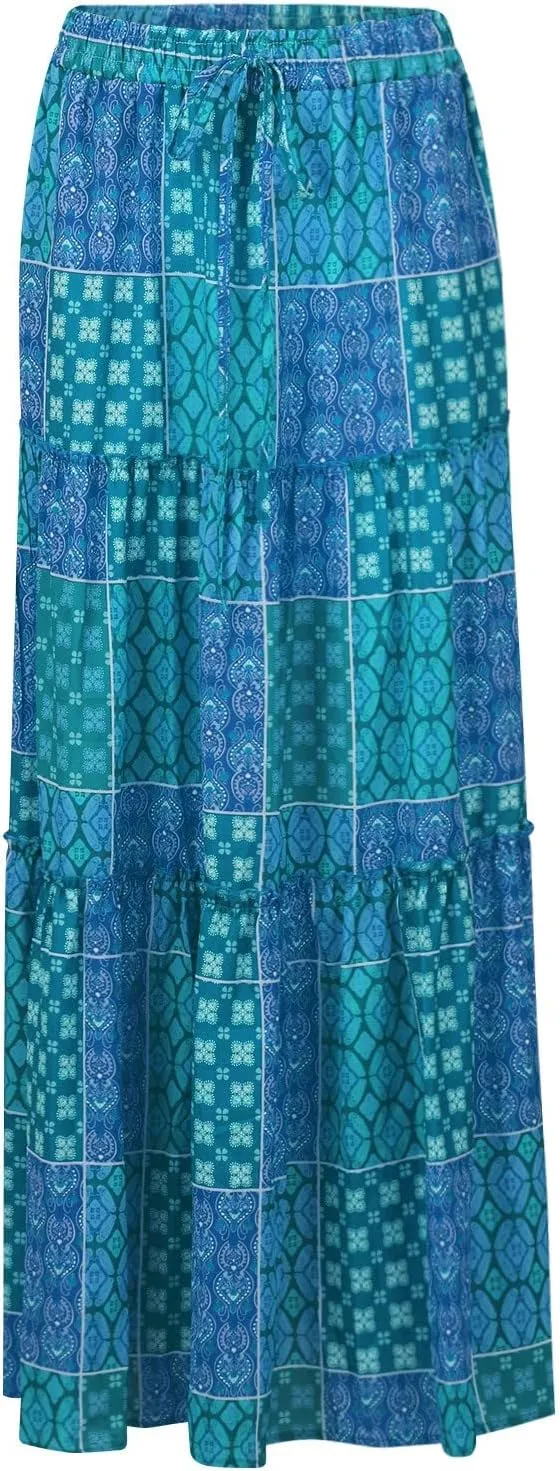 Maxi Skirt for Women Casual High Waist Tie Paisley Print Long Skirts with Pocket Bohemian Flowy Pleated Tiered Skirt