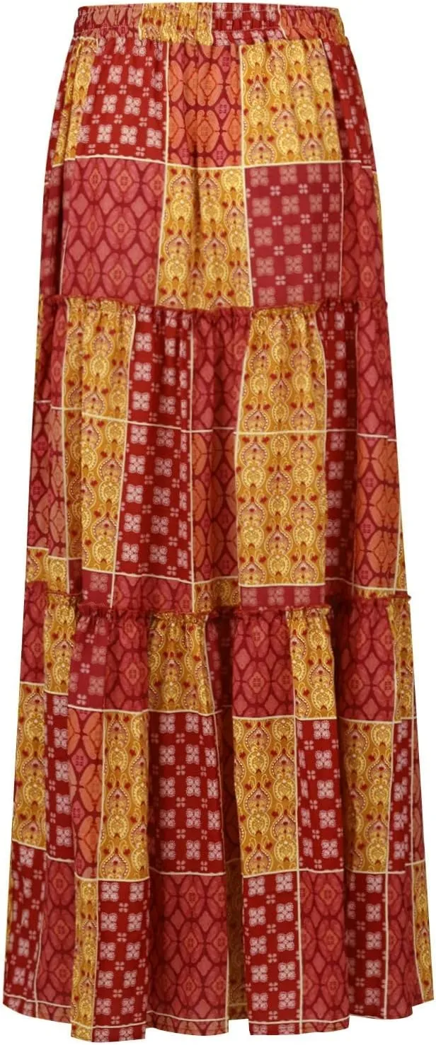 Maxi Skirt for Women Casual High Waist Tie Paisley Print Long Skirts with Pocket Bohemian Flowy Pleated Tiered Skirt