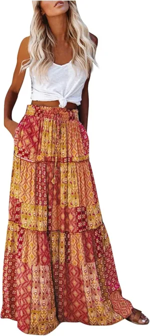 Maxi Skirt for Women Casual High Waist Tie Paisley Print Long Skirts with Pocket Bohemian Flowy Pleated Tiered Skirt