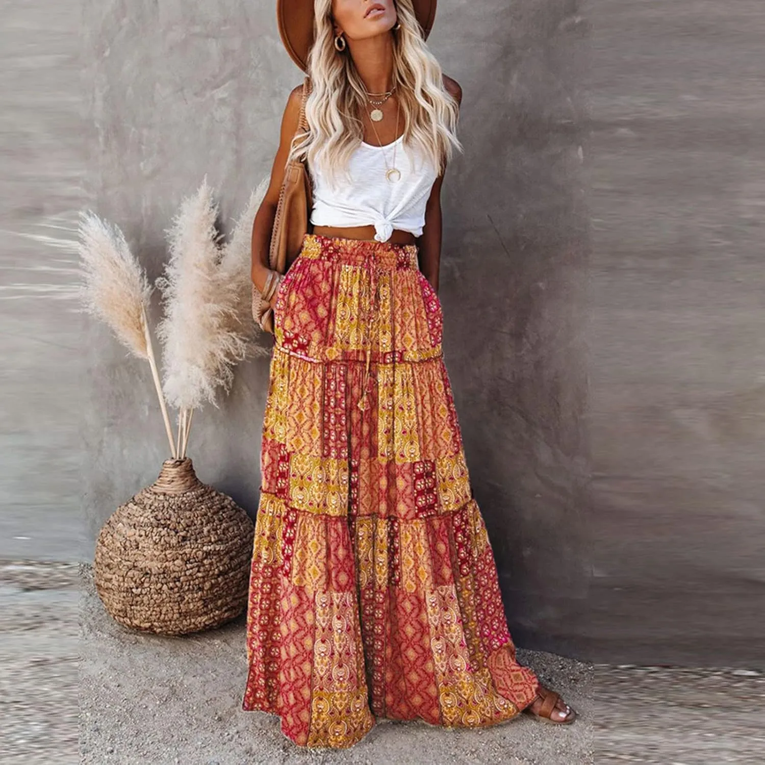 Maxi Skirt for Women Casual High Waist Tie Paisley Print Long Skirts with Pocket Bohemian Flowy Pleated Tiered Skirt