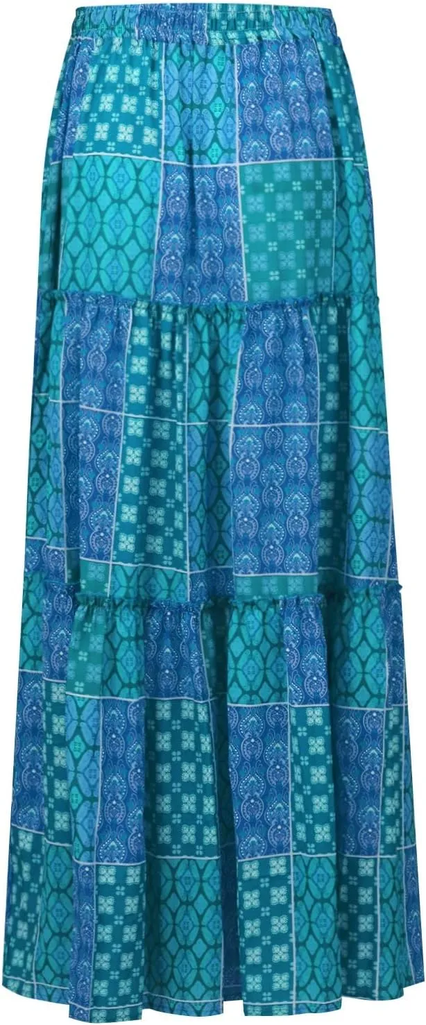 Maxi Skirt for Women Casual High Waist Tie Paisley Print Long Skirts with Pocket Bohemian Flowy Pleated Tiered Skirt