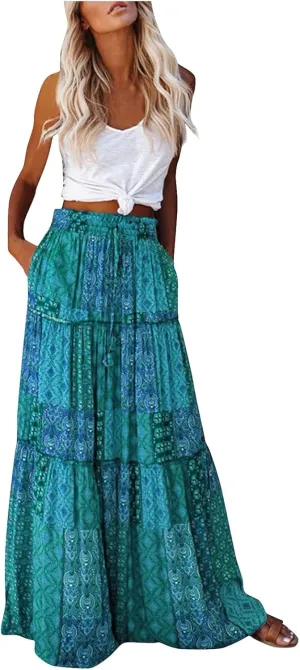 Maxi Skirt for Women Casual High Waist Tie Paisley Print Long Skirts with Pocket Bohemian Flowy Pleated Tiered Skirt