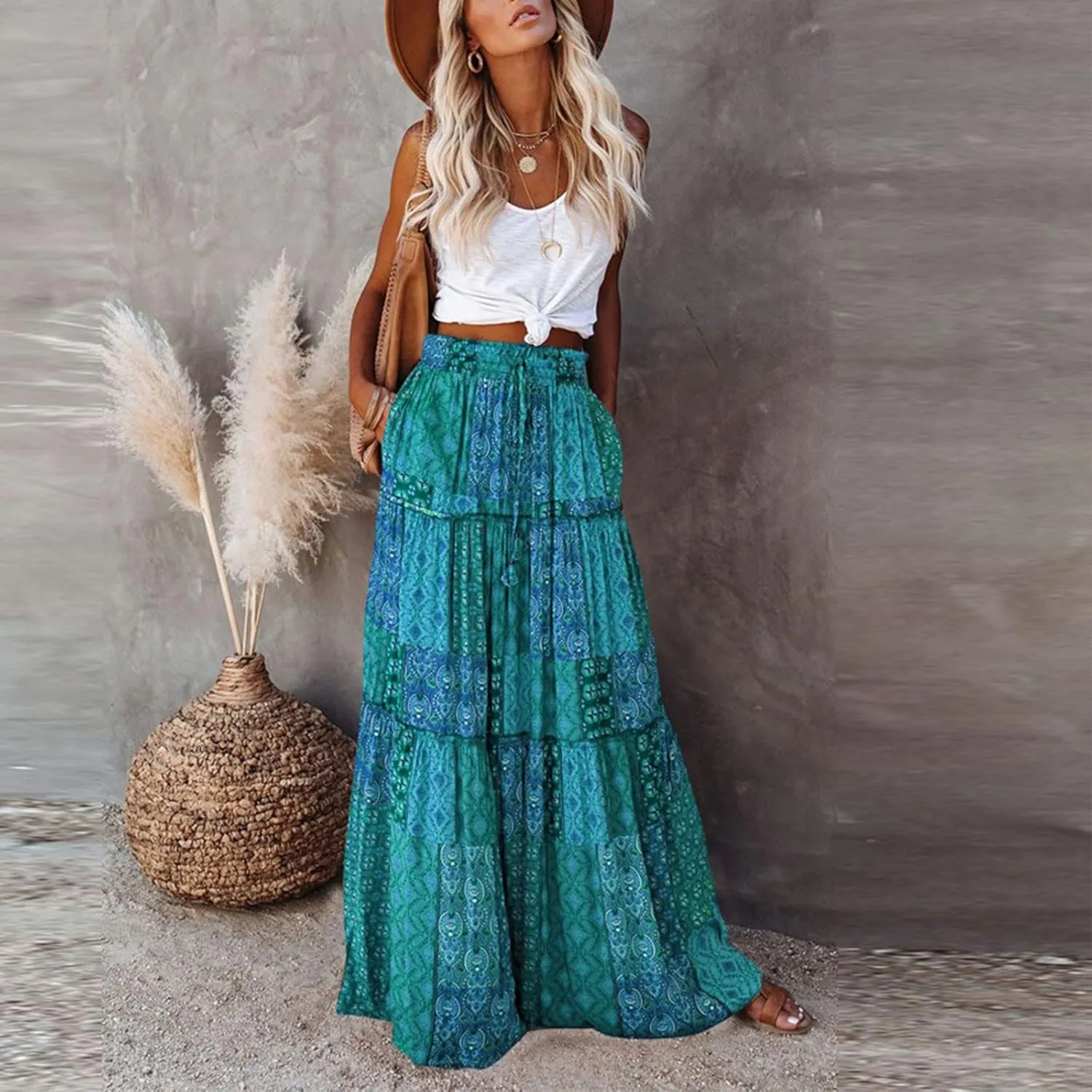 Maxi Skirt for Women Casual High Waist Tie Paisley Print Long Skirts with Pocket Bohemian Flowy Pleated Tiered Skirt