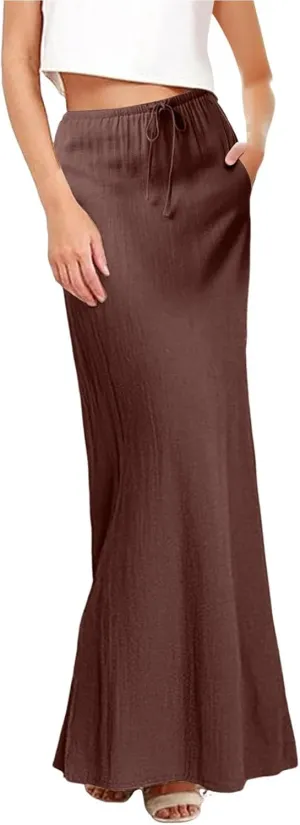 Maxi Skirt for Women Daily Casual Elegant Solid Color A Skirts Vintage Elastic Waist Skirt 2025 Summer Trendy