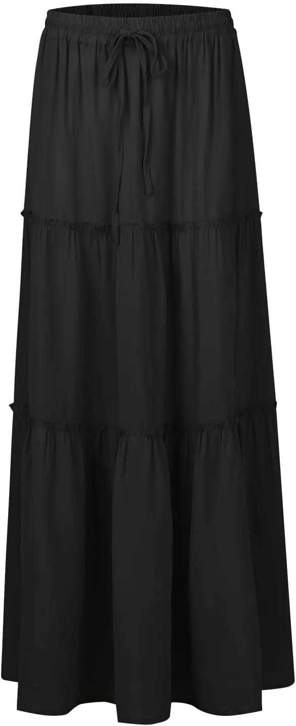 Maxi Skirts for Women Floral Print Boho Tiered Skirt Elastic High Waist Pleated A Line Flowy Long Skirts with Pocket