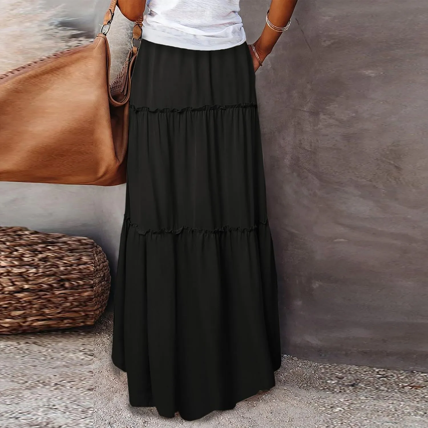 Maxi Skirts for Women Floral Print Boho Tiered Skirt Elastic High Waist Pleated A Line Flowy Long Skirts with Pocket