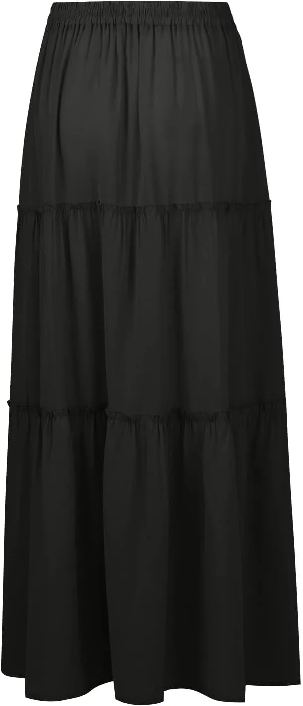 Maxi Skirts for Women Floral Print Boho Tiered Skirt Elastic High Waist Pleated A Line Flowy Long Skirts with Pocket