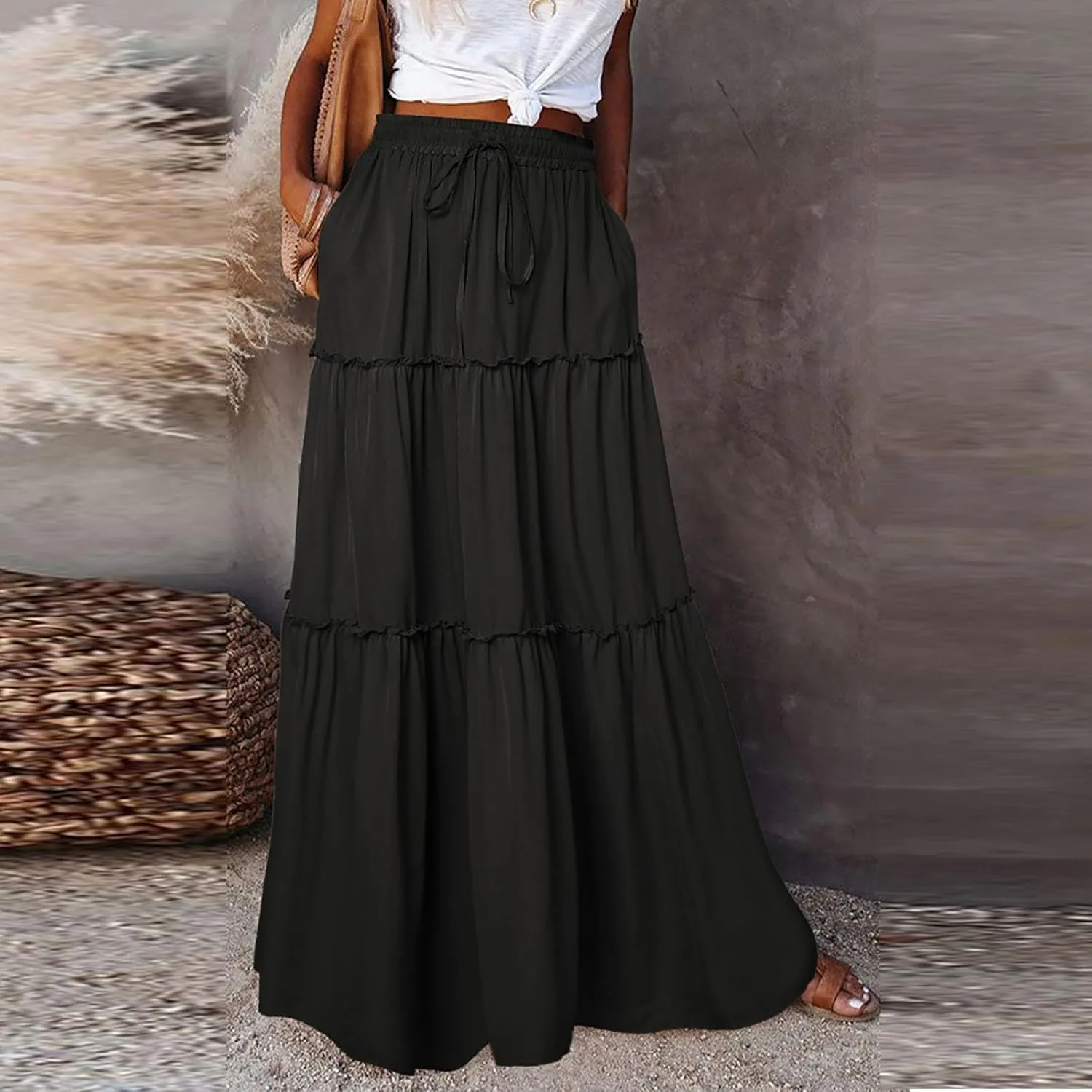 Maxi Skirts for Women Floral Print Boho Tiered Skirt Elastic High Waist Pleated A Line Flowy Long Skirts with Pocket