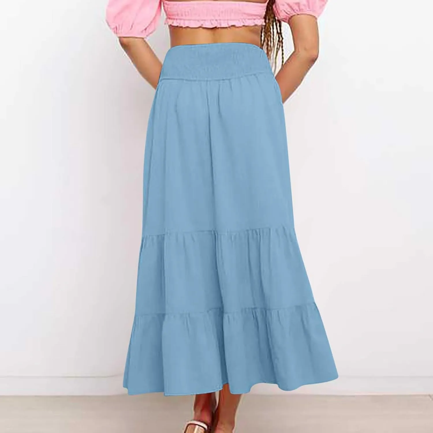 Maxi Skirts for Women Solid Color Ruffle Tiered Pleated Elastic High Waisted Skirt Summer Casual Flowy A Line Skirts