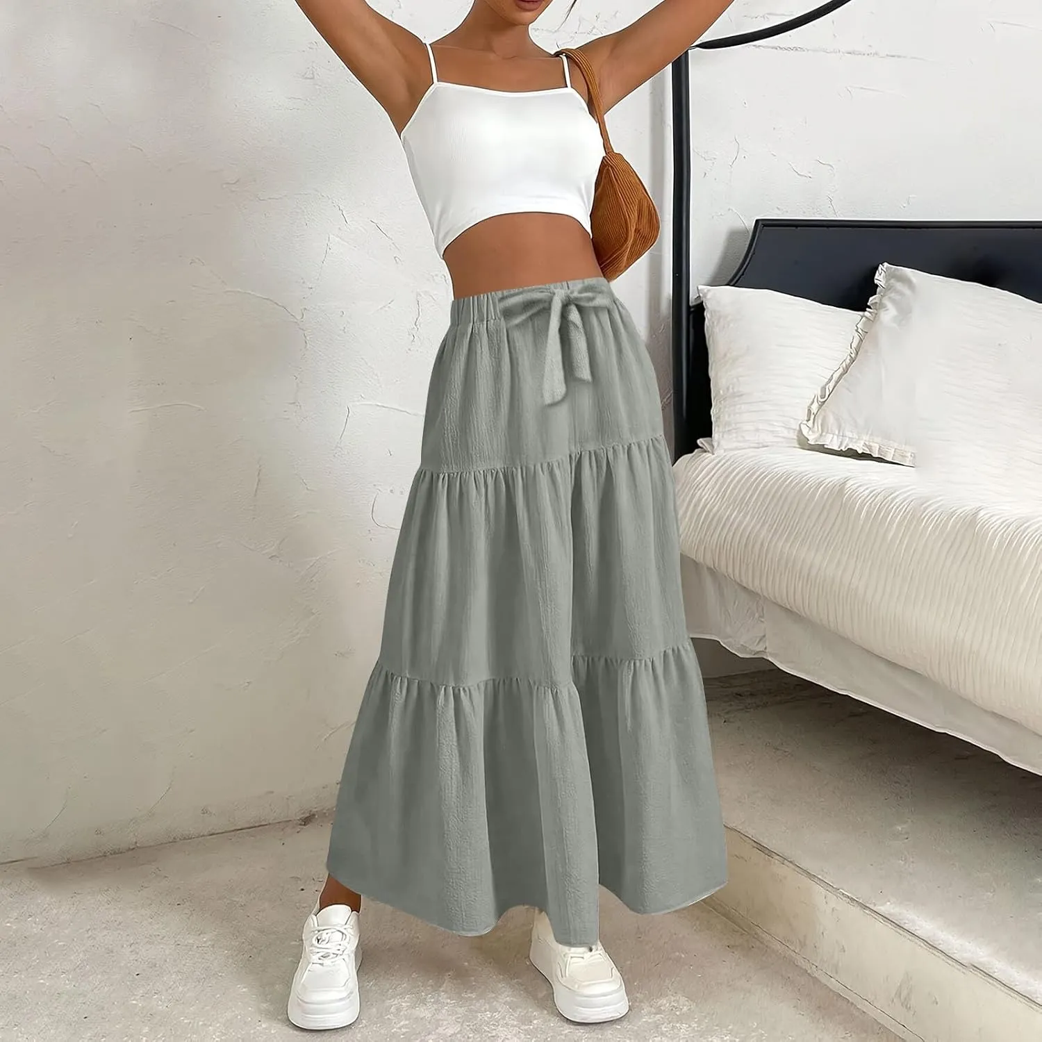 Maxi Skirts for Women Summer 3-Layer Tiered Elastic High Waisted Beach Skirt Smocked A Line Skirts Flowy Long Skirt