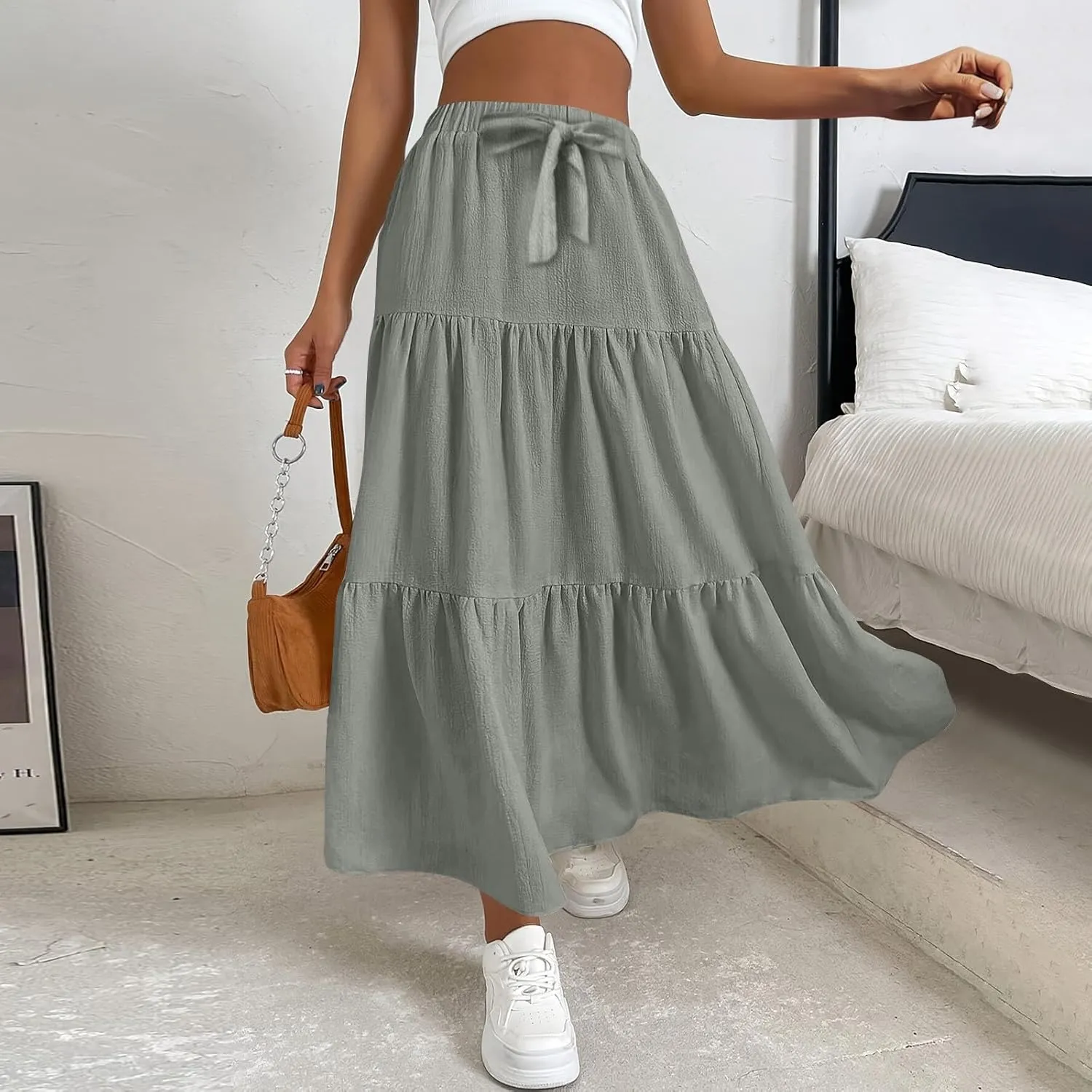Maxi Skirts for Women Summer 3-Layer Tiered Elastic High Waisted Beach Skirt Smocked A Line Skirts Flowy Long Skirt