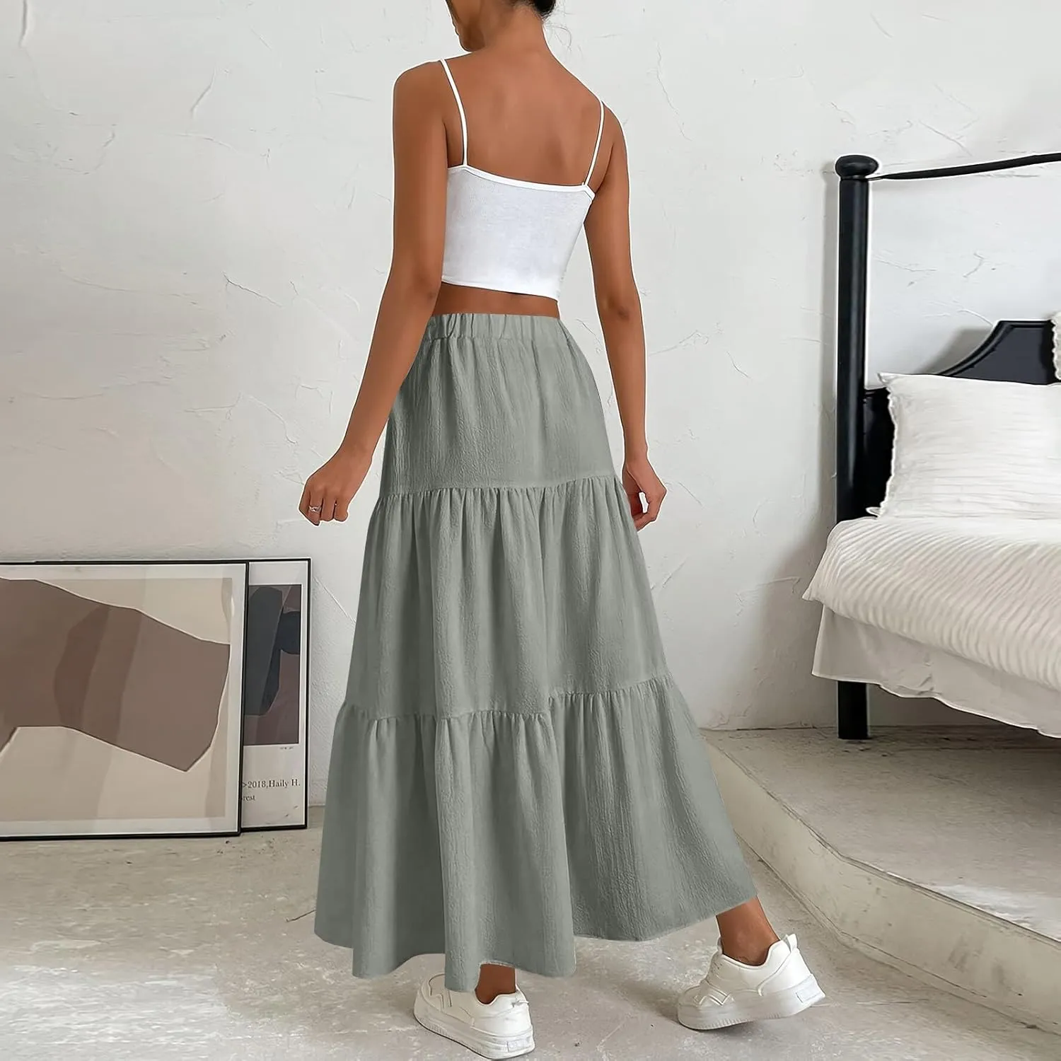 Maxi Skirts for Women Summer 3-Layer Tiered Elastic High Waisted Beach Skirt Smocked A Line Skirts Flowy Long Skirt