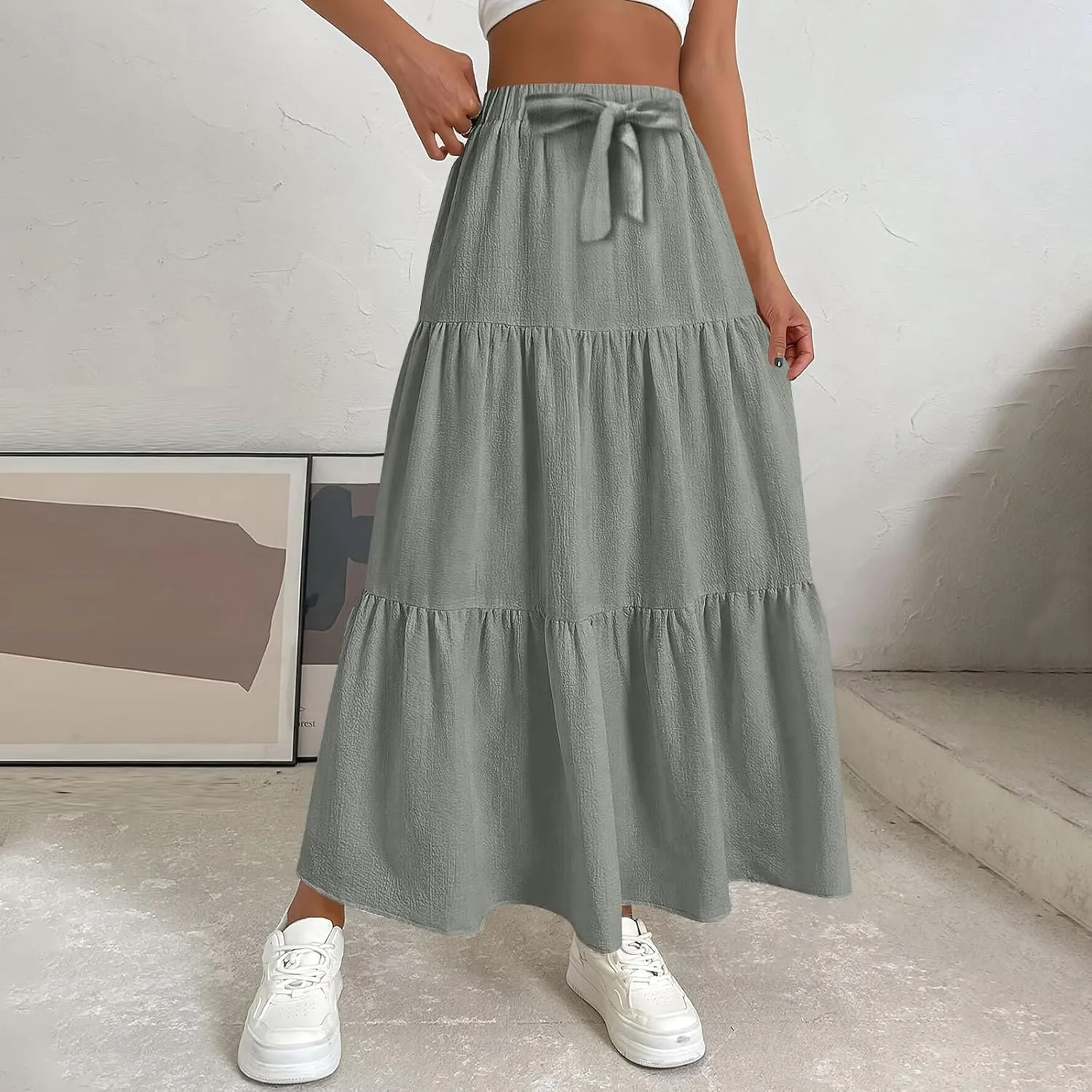 Maxi Skirts for Women Summer 3-Layer Tiered Elastic High Waisted Beach Skirt Smocked A Line Skirts Flowy Long Skirt