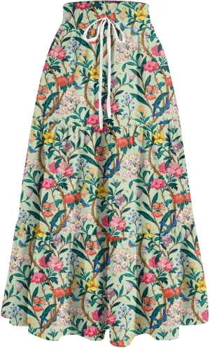 Maxi Skirts for Women Summer Boho Floral High Waisted Skirts Flowy Swing Pleated A-Line Beach Tiered Long Skirts