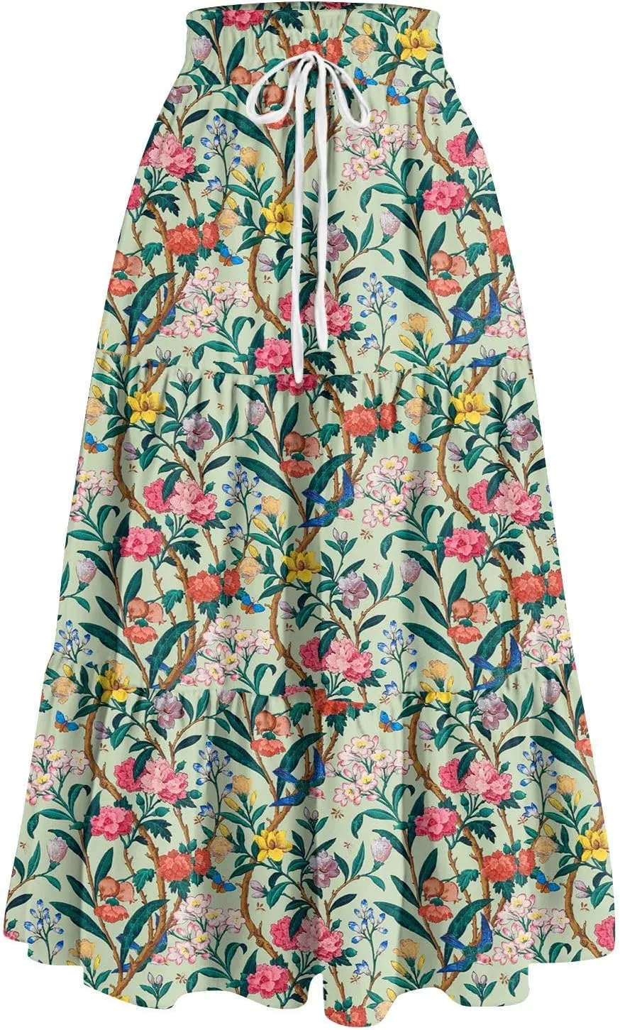 Maxi Skirts for Women Summer Boho Floral High Waisted Skirts Flowy Swing Pleated A-Line Beach Tiered Long Skirts