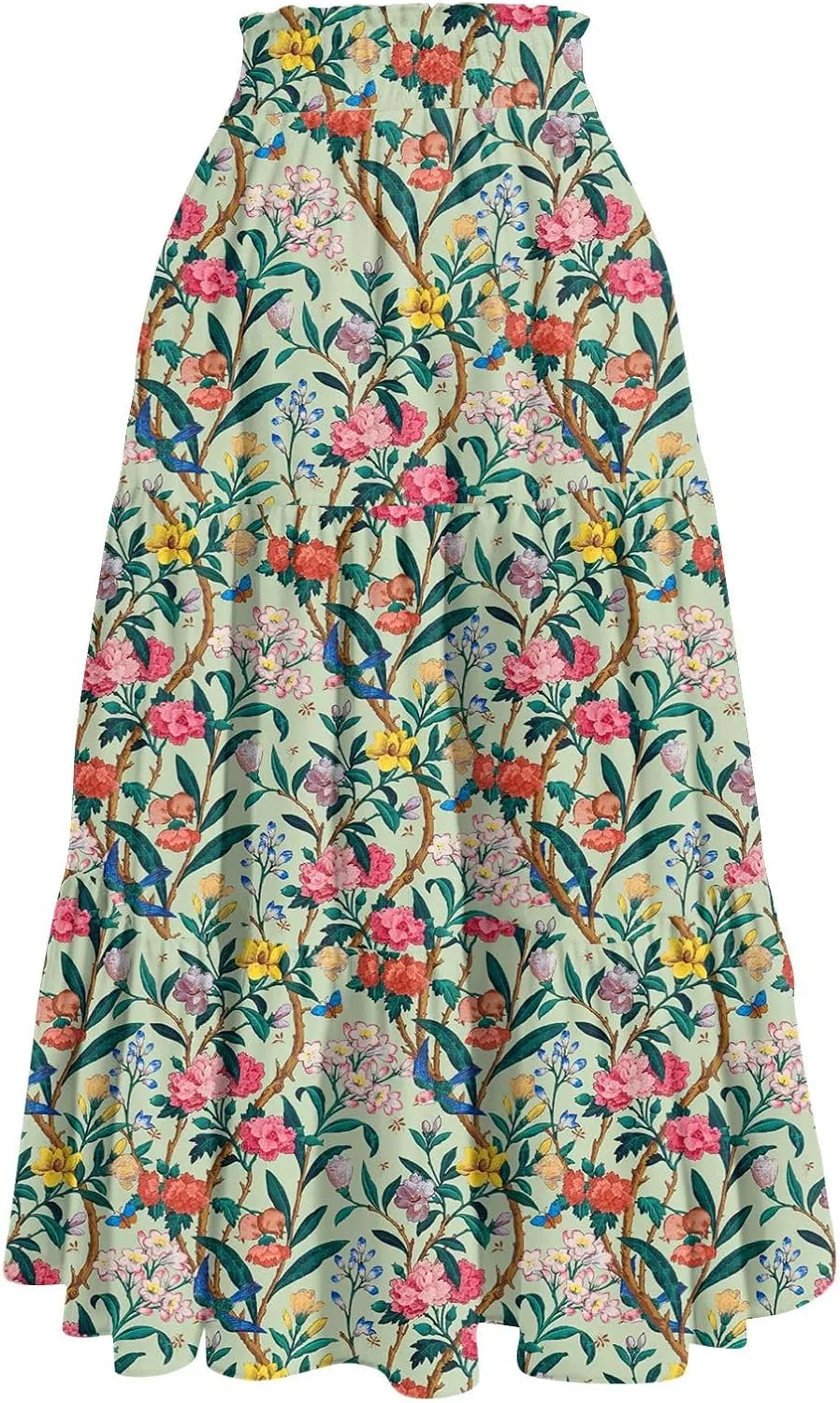 Maxi Skirts for Women Summer Boho Floral High Waisted Skirts Flowy Swing Pleated A-Line Beach Tiered Long Skirts