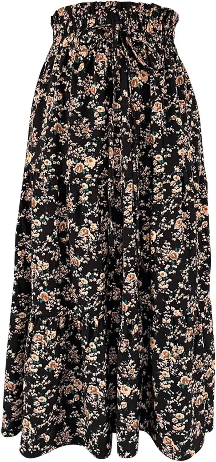 Maxi Skirts for Women Summer Casual Bohemian Floral Print Pleated High Elastic Waist A-Line Knee Length Boha Skirts