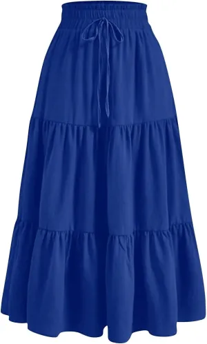 Maxi Skirts for Women Trendy Summer A Line Long Skirt Drawstring High Waisted Tiered Flowy Pleated Skirt with Pockets