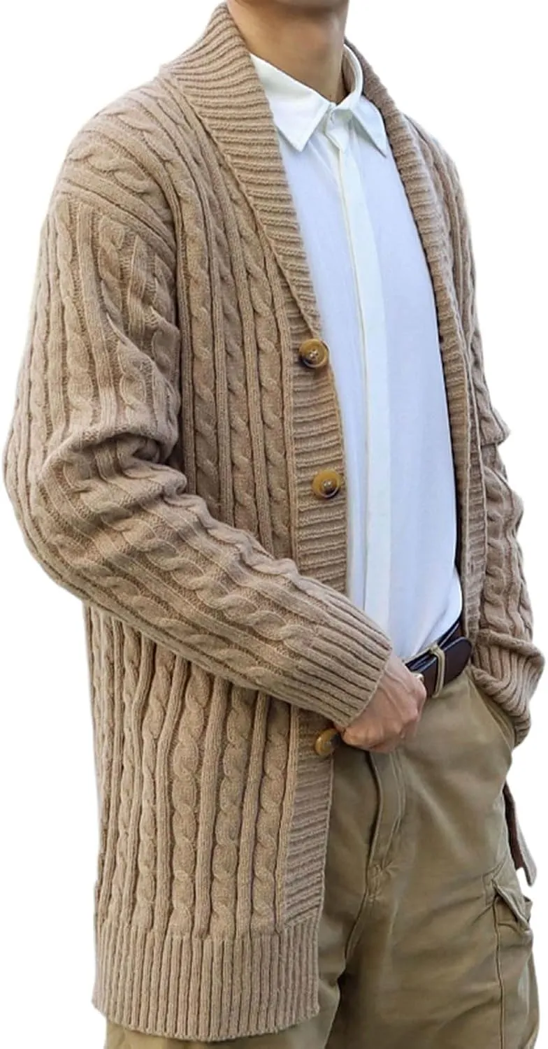 Men Shawl Collar Cardigan Open Front Lightweight Long Button Down Cable Knit Sweaters Casual Winter Coats Cape Overcoat