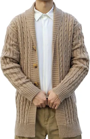 Men Shawl Collar Cardigan Open Front Lightweight Long Button Down Cable Knit Sweaters Casual Winter Coats Cape Overcoat