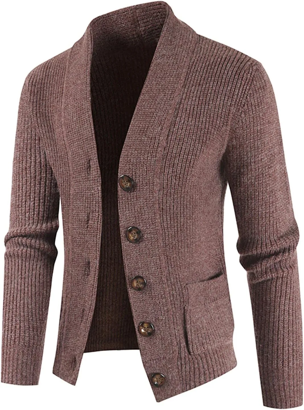 Mens Cardigan Sweater,Slim Fit Long Sleeve Shawl Collar Button Down Cable Knit Sweater Outwear with Pocket