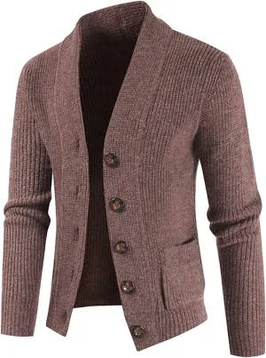 Mens Cardigan Sweater,Slim Fit Long Sleeve Shawl Collar Button Down Cable Knit Sweater Outwear with Pocket