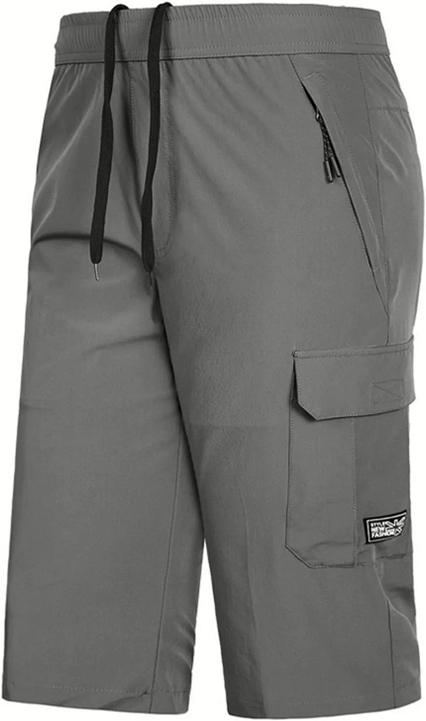 Men's Cargo Shorts 3/4 Capri Pants below Knee Drawstring Long Shorts with Multi Pocket Yoga Pants Workout Jogger