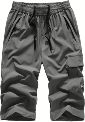 Men's Cargo Shorts 3/4 Capri Pants below Knee Drawstring Long Shorts with Multi Pocket Yoga Pants Workout Jogger
