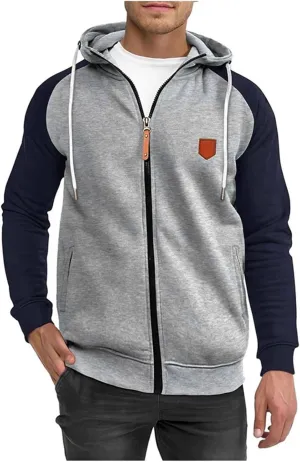 Men's Color Block Hoodie Full Zip Fleece Lined Jackets Casual Hooded Sweatshirts Raglan Long Sleeve Baseball Jackets