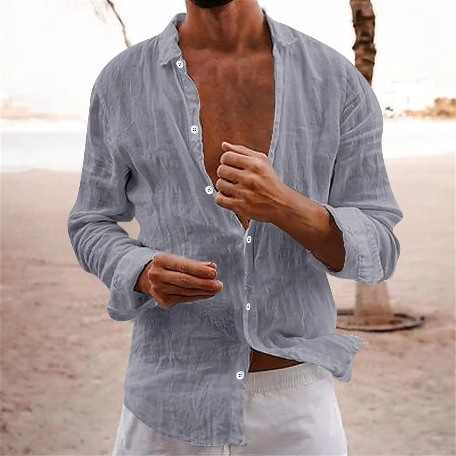 Men's Cotton Linen Long Sleeve Shirt V Neck Casual Button Down Blouse Solid Color Loose Tops Comfy Lightweight Tee