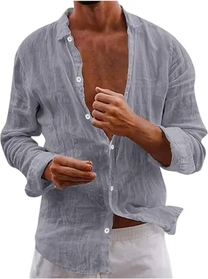 Men's Cotton Linen Long Sleeve Shirt V Neck Casual Button Down Blouse Solid Color Loose Tops Comfy Lightweight Tee