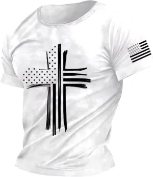 Men's Cross Print Short Sleeve T Shirt Crew Neck Vintage Jesus Printed Shirts Faith Christian Summer Casual Tops