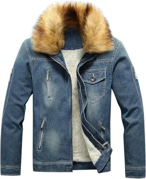 Mens Denim Jacket Plus Cotton Warm Fur Collar Sherpa Lined Denim Coat Vintage Fleece Cowboy Jean Jackets