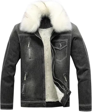 Mens Denim Jacket Plus Cotton Warm Fur Collar Sherpa Lined Denim Coat Vintage Fleece Cowboy Jean Jackets