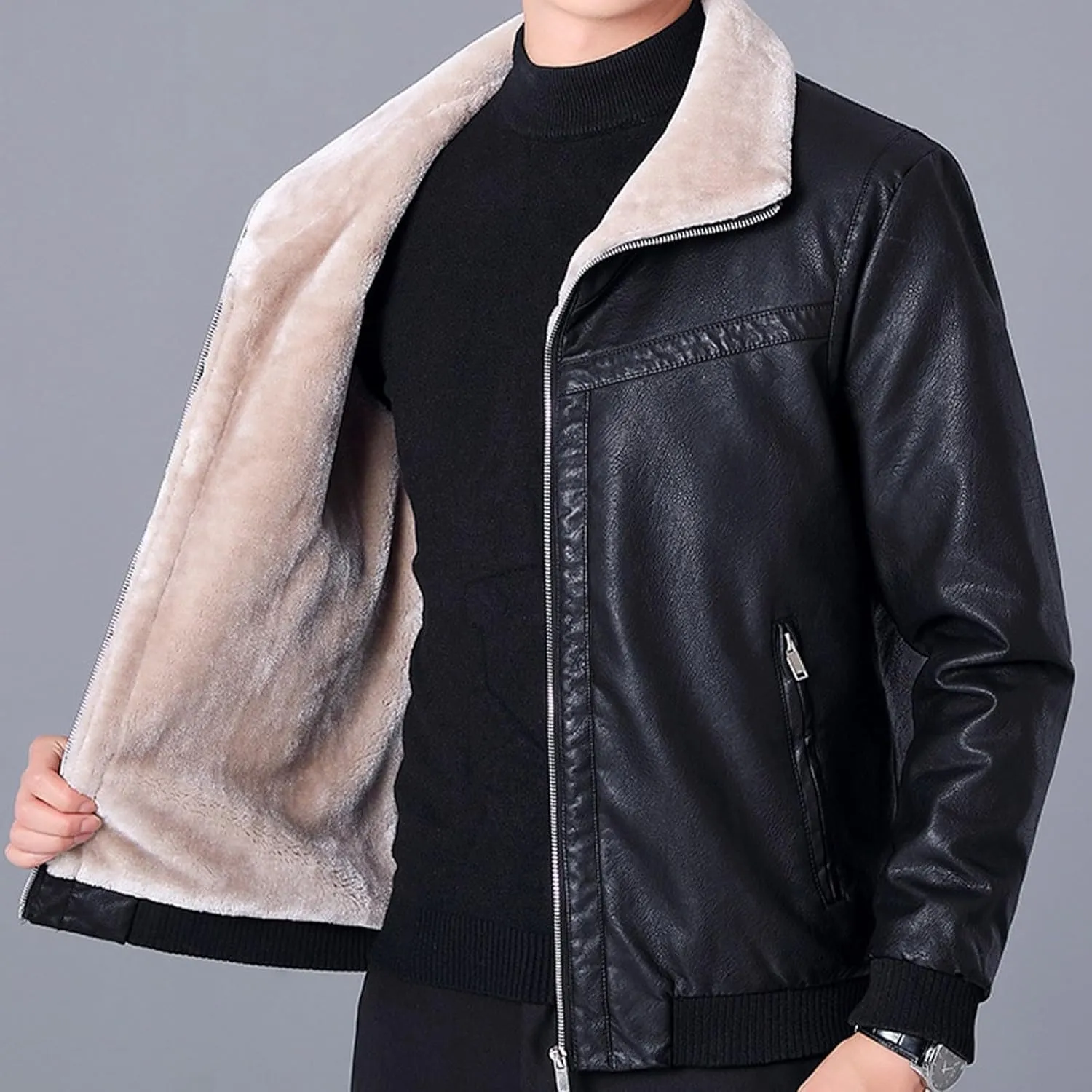 Mens Faux Leather Jackets Sherpa Lined Bomber Jacket Full Zip Winter Coats Windproof Aviator Jacket Vintage Outerwear