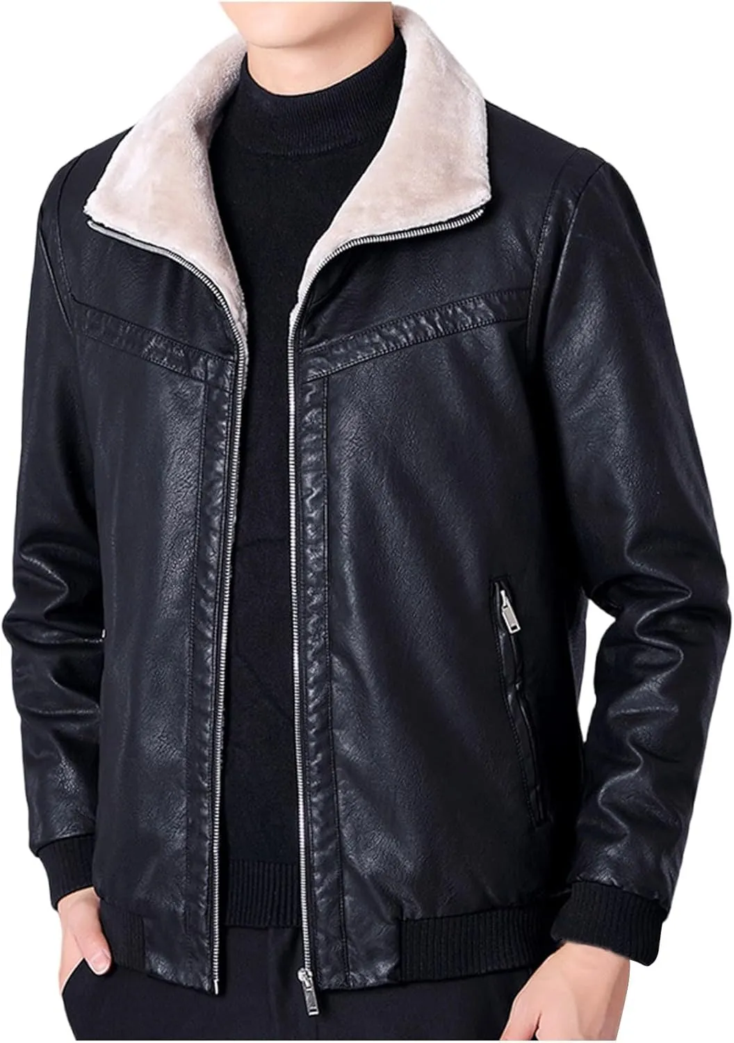 Mens Faux Leather Jackets Sherpa Lined Bomber Jacket Full Zip Winter Coats Windproof Aviator Jacket Vintage Outerwear