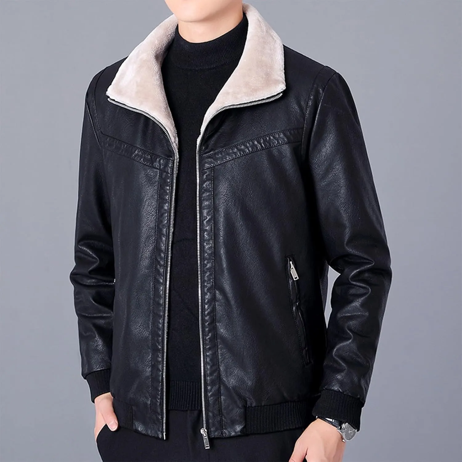 Mens Faux Leather Jackets Sherpa Lined Bomber Jacket Full Zip Winter Coats Windproof Aviator Jacket Vintage Outerwear