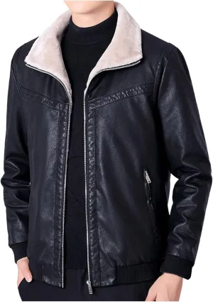 Mens Faux Leather Jackets Sherpa Lined Bomber Jacket Full Zip Winter Coats Windproof Aviator Jacket Vintage Outerwear