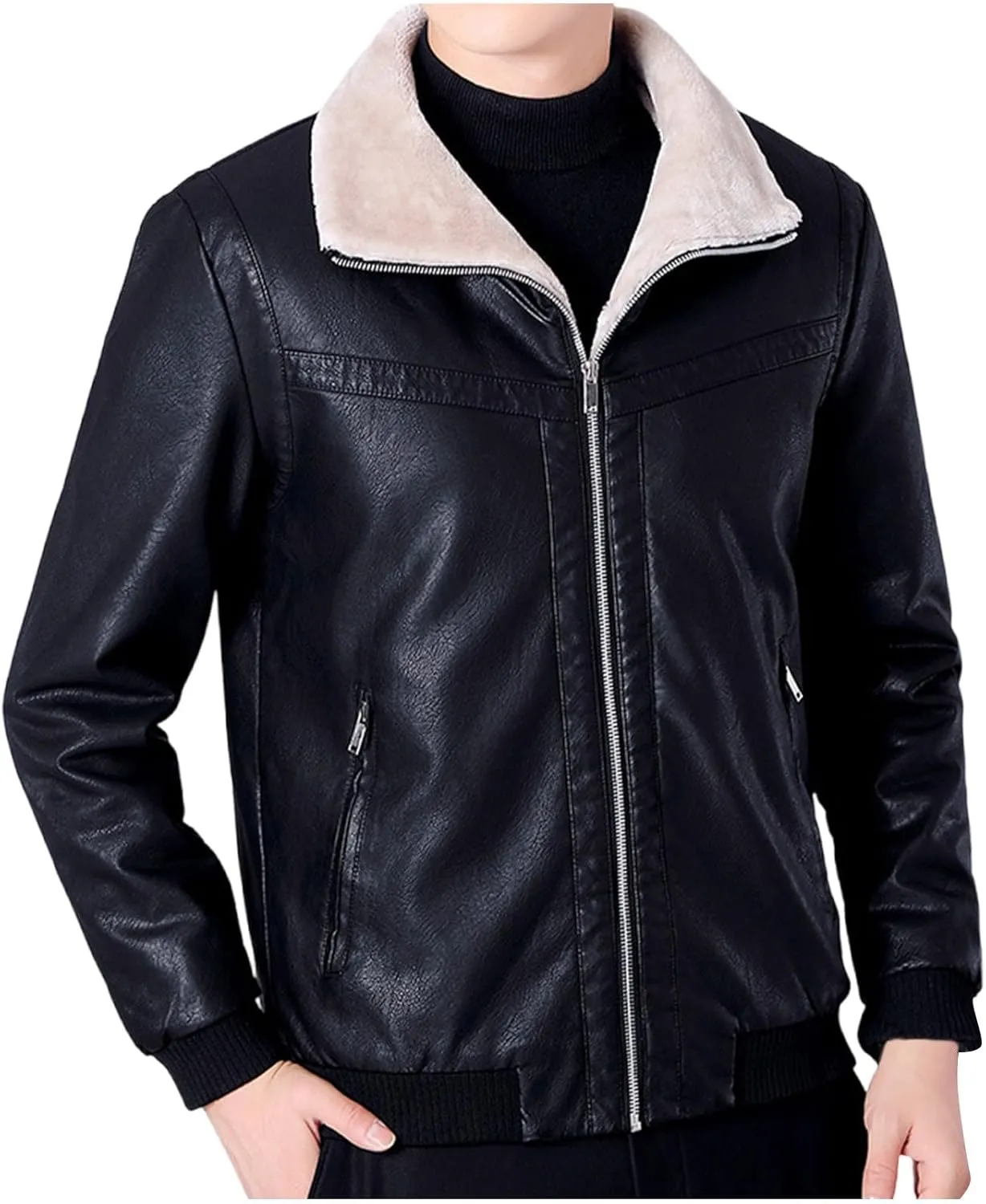 Mens Faux Leather Jackets Sherpa Lined Bomber Jacket Full Zip Winter Coats Windproof Aviator Jacket Vintage Outerwear